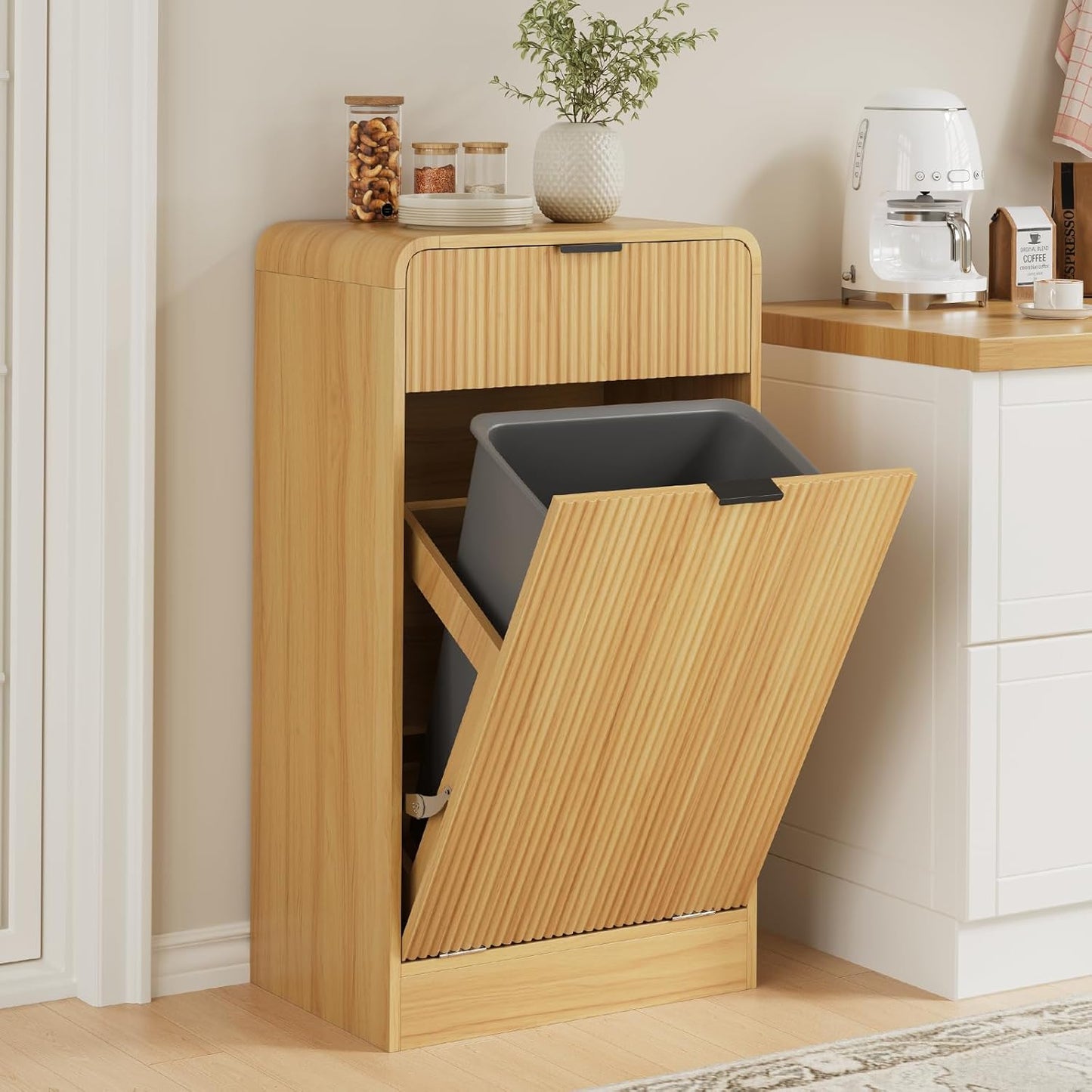 FURSUN 10 Gallons Tilt-Out Trash Can Cabinet, Fluted Laundry Hamper Cabinet with Drawers, Freestanding Pet Proof Hidden Garbage Recycling Cabinet for Kitchen, Living Room, Natural Oak