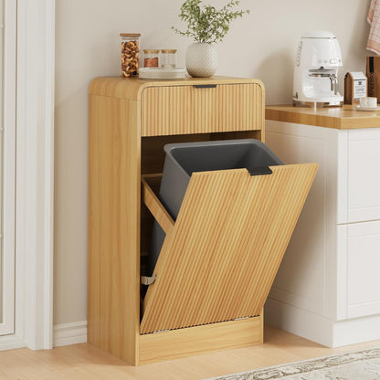 FURSUN 10 Gallons Tilt-Out Trash Can Cabinet, Fluted Laundry Hamper Cabinet with Drawers, Freestanding Pet Proof Hidden Garbage Recycling Cabinet for Kitchen, Living Room, Natural Oak