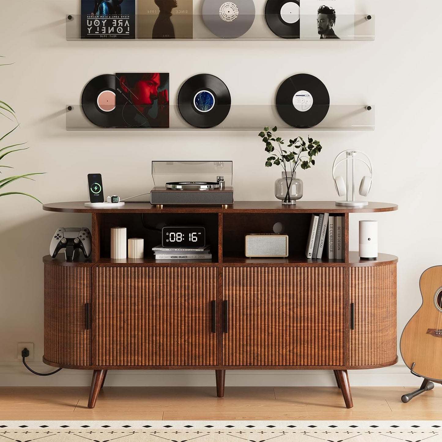 FURSUN 55" Large Round Record Player Stand, Record Storage Cabinet Holds Up 300 Albums with Charging Station & USB Ports, Fluted Modern Turntable Stand for Bedroom, Living Room, Dark Walnut