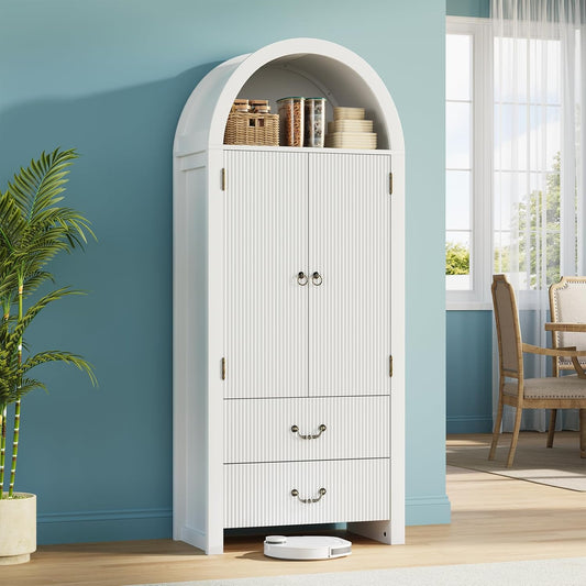 71" Tall Fluted Arched Cabinet with Doors, Wood Pantry Storage Cabinet with 2 Large Drawers, Modern Versatile Bookcase for Living Room, Kitchen, Dining (White)