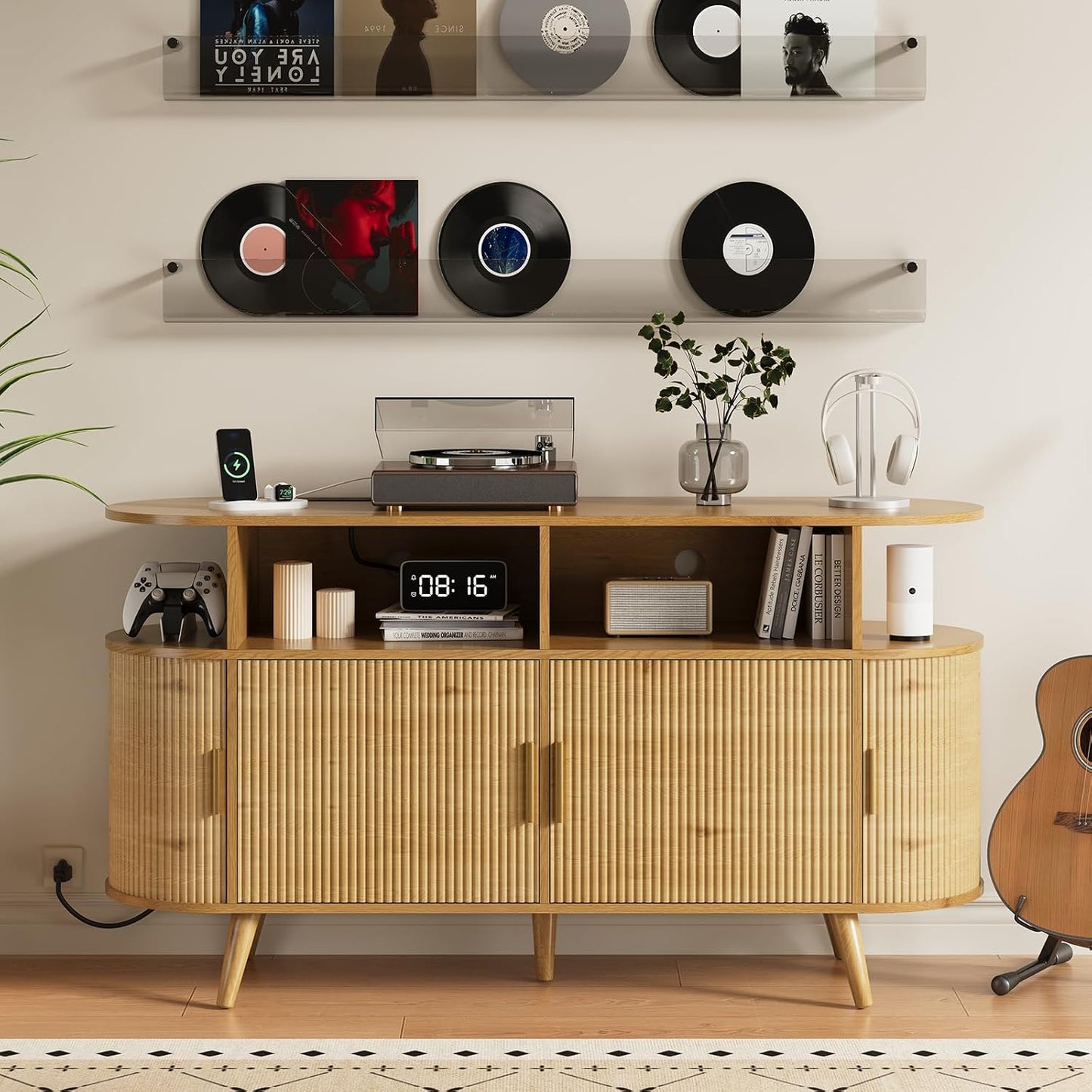 FURSUN 55" Large Round Record Player Stand, Record Storage Cabinet Holds Up 300 Albums with Charging Station & USB Ports, Fluted Modern Turntable Stand for Bedroom, Living Room, Natural Oak