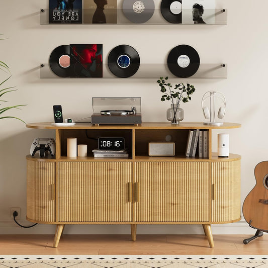 FURSUN 55" Large Round Record Player Stand, Record Storage Cabinet Holds Up 300 Albums with Charging Station & USB Ports, Fluted Modern Turntable Stand for Bedroom, Living Room, Natural Oak