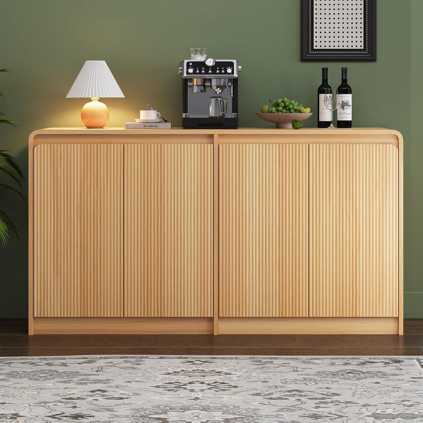 FURSUN 61" Modern Fluted Sideboard Buffet Cabinet with Storage, Curved Design Wood Coffee Bar Cabinet with 4 Doors & Adjustable Shelves for Kitchen, Dining Room, or Living Room, Natural Oak