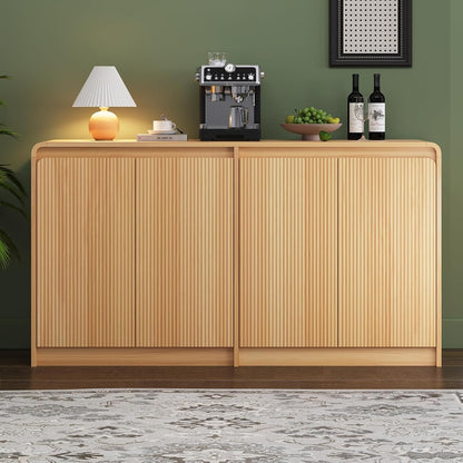FURSUN 61" Modern Fluted Sideboard Buffet Cabinet with Storage, Curved Design Wood Coffee Bar Cabinet with 4 Doors & Adjustable Shelves for Kitchen, Dining Room, or Living Room, Natural Oak