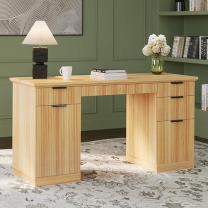 58" Fluted Modern Desk with Storage, Home Office Desk with 1 File Cabinet & 5 Drawers, Wood Executive Computer Writing Desk for Study, Living Room, Bedroom (Natural Oak)