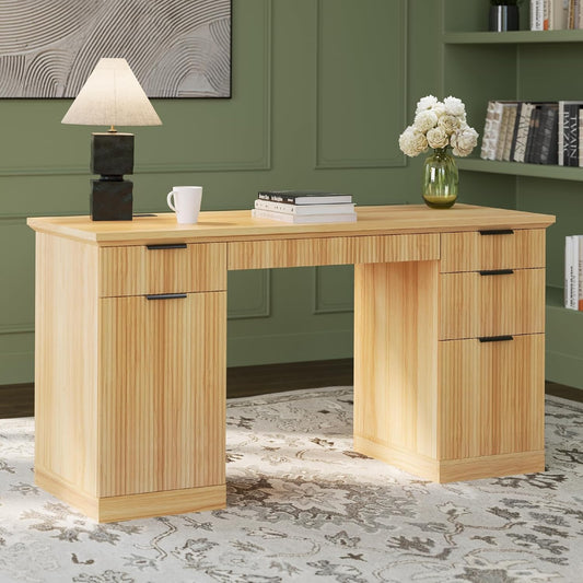 58" Fluted Modern Desk with Storage, Home Office Desk with 1 File Cabinet & 5 Drawers, Wood Executive Computer Writing Desk for Study, Living Room, Bedroom (Natural Oak)