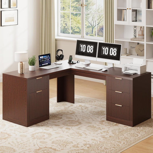 FURSUN 69" Executive L Shaped Desk, Wood Corner Executive Computer Desk with Power Outlets & Storage Drawers, Large Office Desk Workstation for Home, Dark Walnut