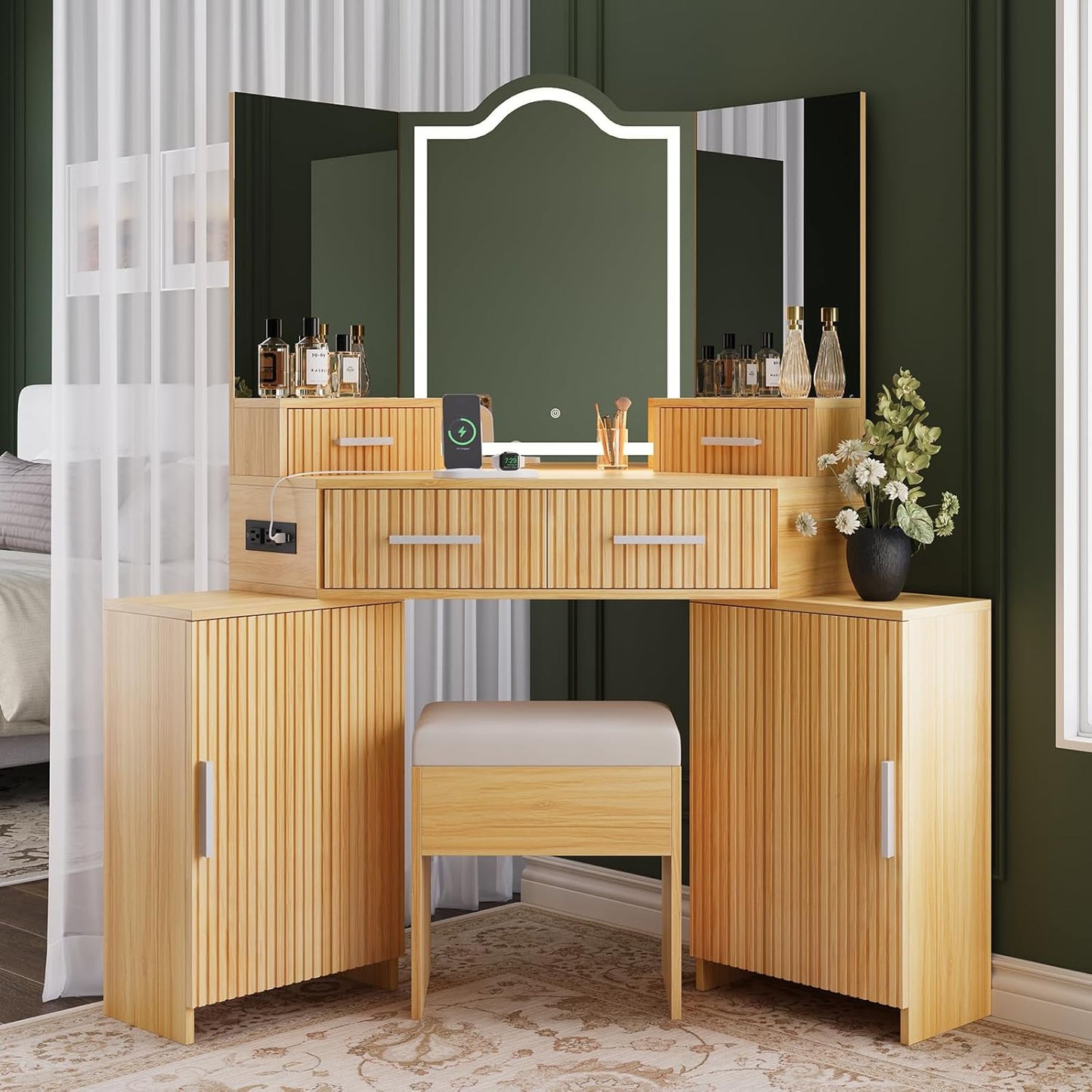 FURSUN Fluted Makeup Vanity Desk with HD 3 Way Mirror and Lights, 51" Large Corner Vanity Table with Charging Station, Dressing Table with 4 Drawers & 2 Storage Cabinets for Bedroom, Natural Oak