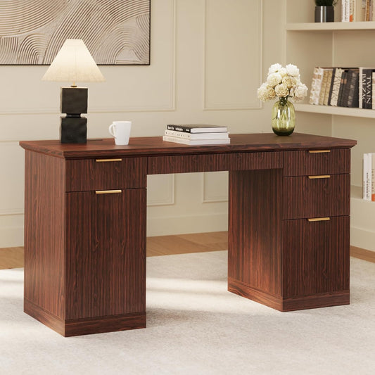 58" Fluted Modern Desk with Storage, Home Office Desk with 1 File Cabinet & 5 Drawers, Wood Executive Computer Writing Desk for Study, Living Room, Bedroom (Dark Walnut)