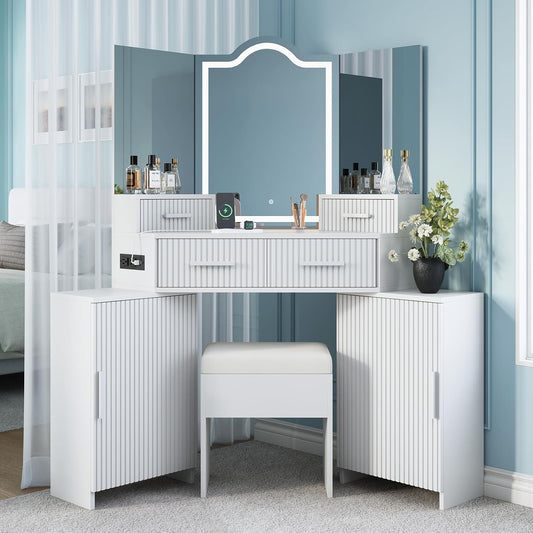FURSUN Fluted Makeup Vanity Desk with HD 3 Way Mirror and Lights, 51" Large Corner Vanity Table with Charging Station, Dressing Table with 4 Drawers & 2 Storage Cabinets for Bedroom, White