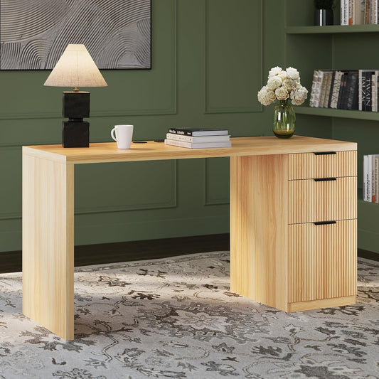 FURSUN 58" Modern Executive Desk with Storage, Home Office Desk with Drawer & Cabinet, Wooden Fluted Desk for Study, Living Room, Bedroom (Natural Oak)