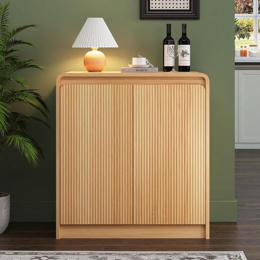FURSUN Modern Fluted Sideboard Buffet Cabinet with Storage, Curved Design Wood Coffee Bar Cabinet with 2 Doors & Adjustable Shelves for Kitchen, Dining Room, Living Room, Natural Oak