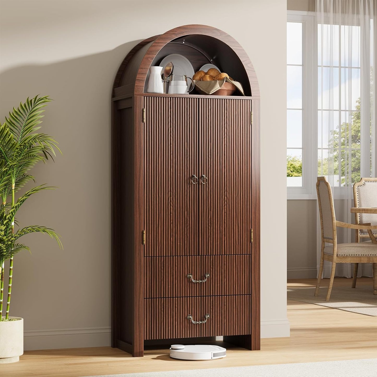 71" Tall Fluted Arched Cabinet with Doors, Wood Pantry Storage Cabinet with 2 Large Drawers, Modern Versatile Bookcase for Living Room, Kitchen, Dining (Dark Walnut)