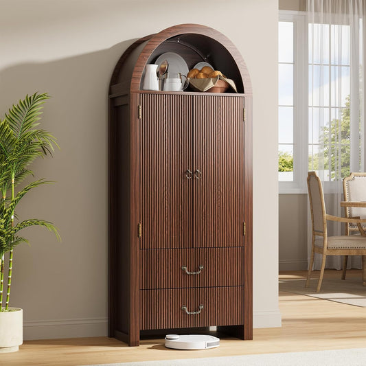 71" Tall Fluted Arched Cabinet with Doors, Wood Pantry Storage Cabinet with 2 Large Drawers, Modern Versatile Bookcase for Living Room, Kitchen, Dining (Dark Walnut)