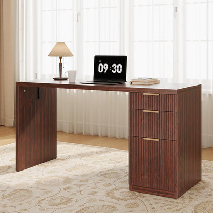 FURSUN 58" Modern Executive Desk with Storage, Home Office Desk with Drawer & Cabinet, Wooden Fluted Desk for Study, Living Room, Bedroom (Dark Walnut)