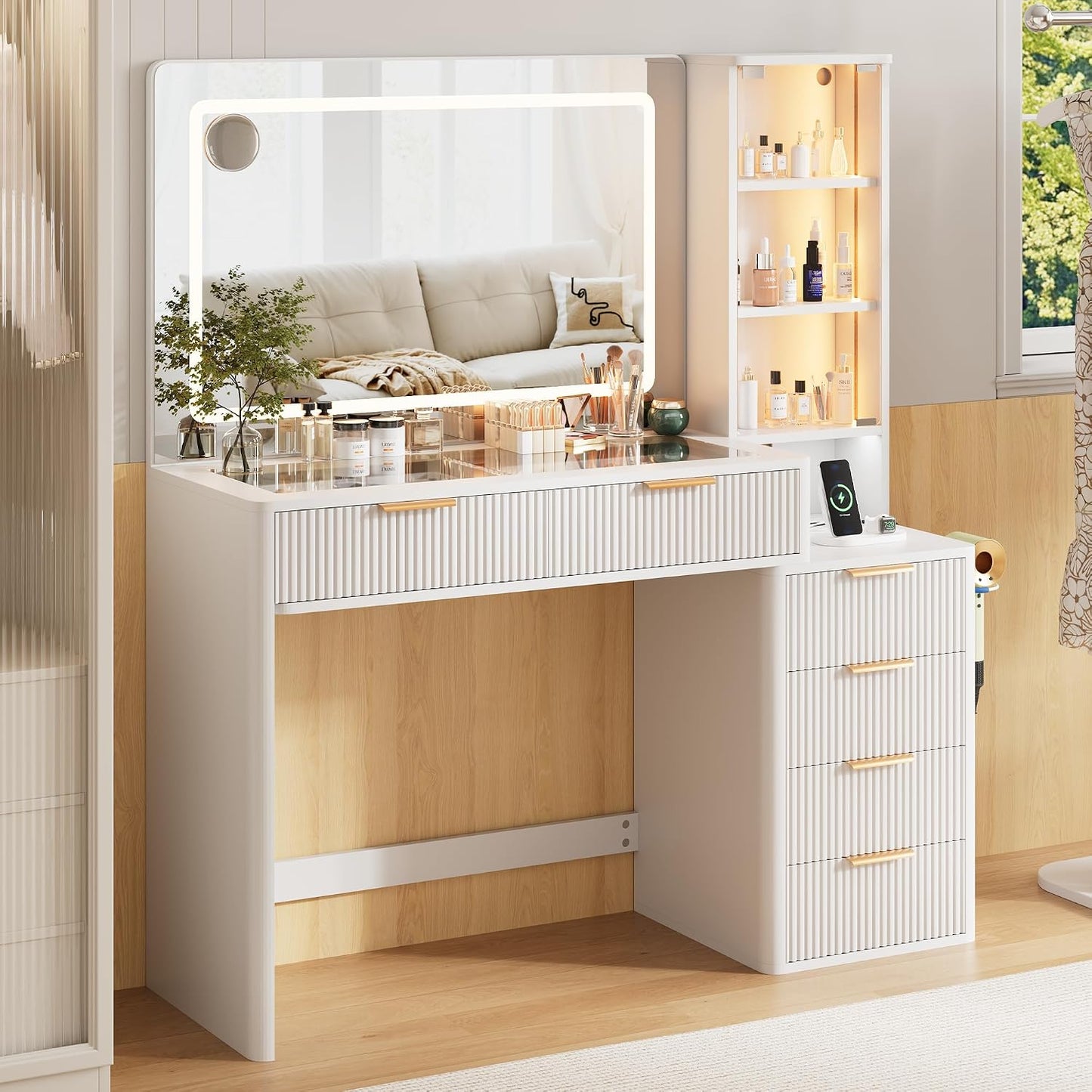 FURSUN 48" Fluted Vanity Desk with 36" LED Lighted Mirror, Glass Top Makeup Vanity Table with 6 Drawers & Adjustable Shelves, Modern Dressing Table with Charging Station for Bedroom, White