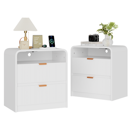 24" Fluted Nightstand with Charging Station, Wooden End Table with 2 Drawers Storage, Curved Profile Design, Modern Bedside Cabinet for Bedroom Living Room, White