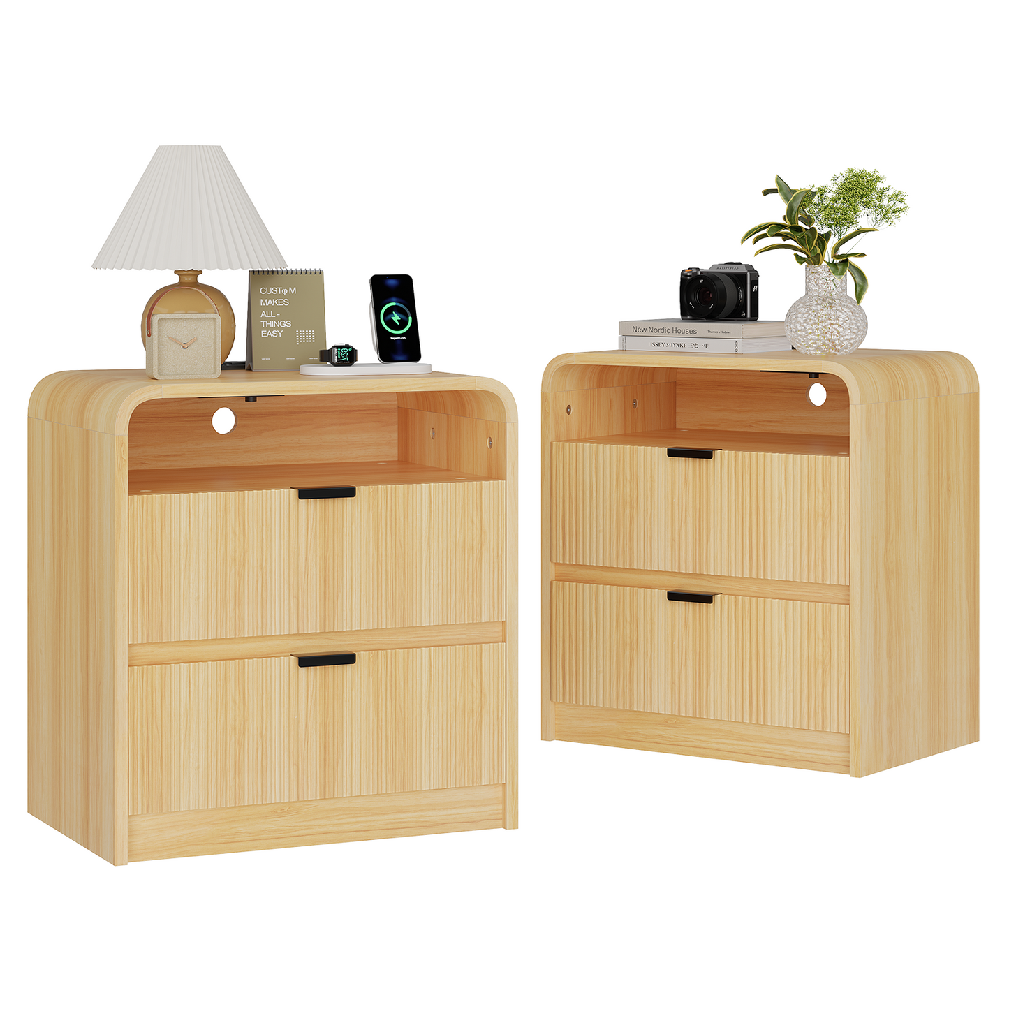 24" Fluted Nightstand with Charging Station, Wooden End Table with 2 Drawers Storage, Curved Profile Design, Modern Bedside Cabinet for Bedroom Living Room, Natural Oak