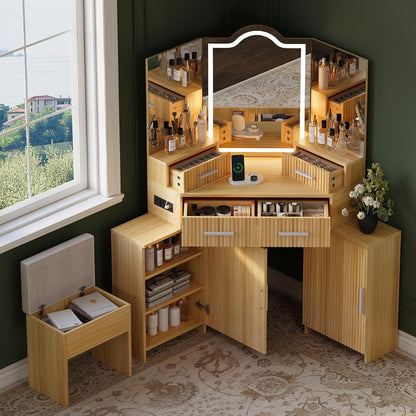 FURSUN Fluted Makeup Vanity Desk with HD 3 Way Mirror and Lights, 51" Large Corner Vanity Table with Charging Station, Dressing Table with 4 Drawers & 2 Storage Cabinets for Bedroom, Natural Oak