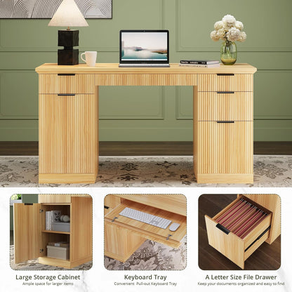 58" Fluted Modern Desk with Storage, Home Office Desk with 1 File Cabinet & 5 Drawers, Wood Executive Computer Writing Desk for Study, Living Room, Bedroom (Natural Oak)