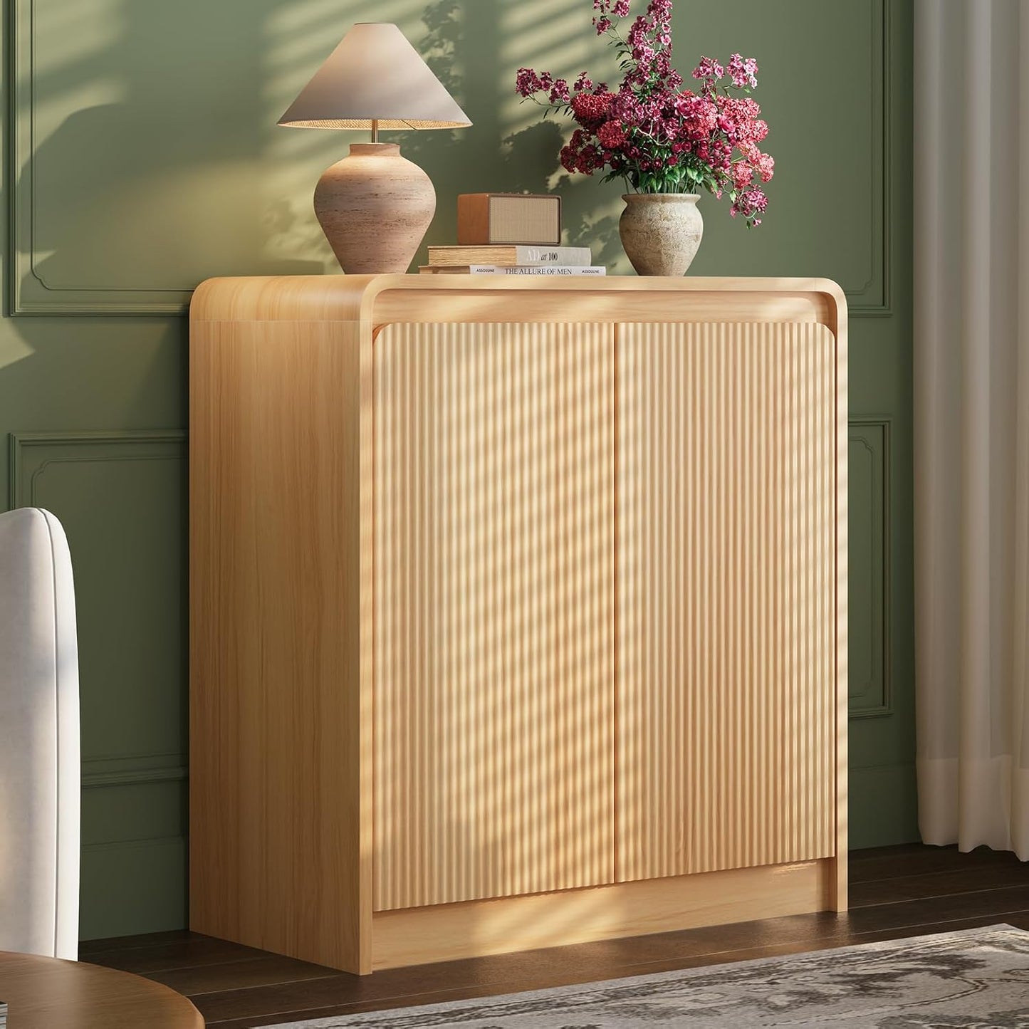 FURSUN Modern Fluted Sideboard Buffet Cabinet with Storage, Curved Design Wood Coffee Bar Cabinet with 2 Doors & Adjustable Shelves for Kitchen, Dining Room, Living Room, Natural Oak