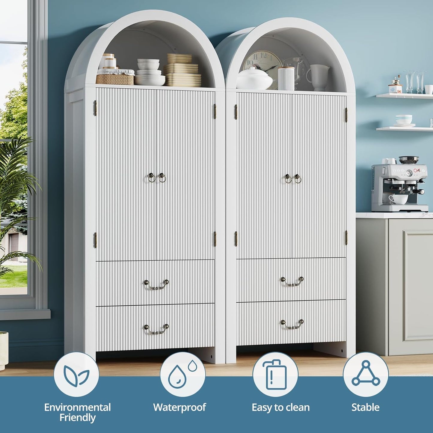 71" Tall Fluted Arched Cabinet with Doors, Wood Pantry Storage Cabinet with 2 Large Drawers, Modern Versatile Bookcase for Living Room, Kitchen, Dining (White)