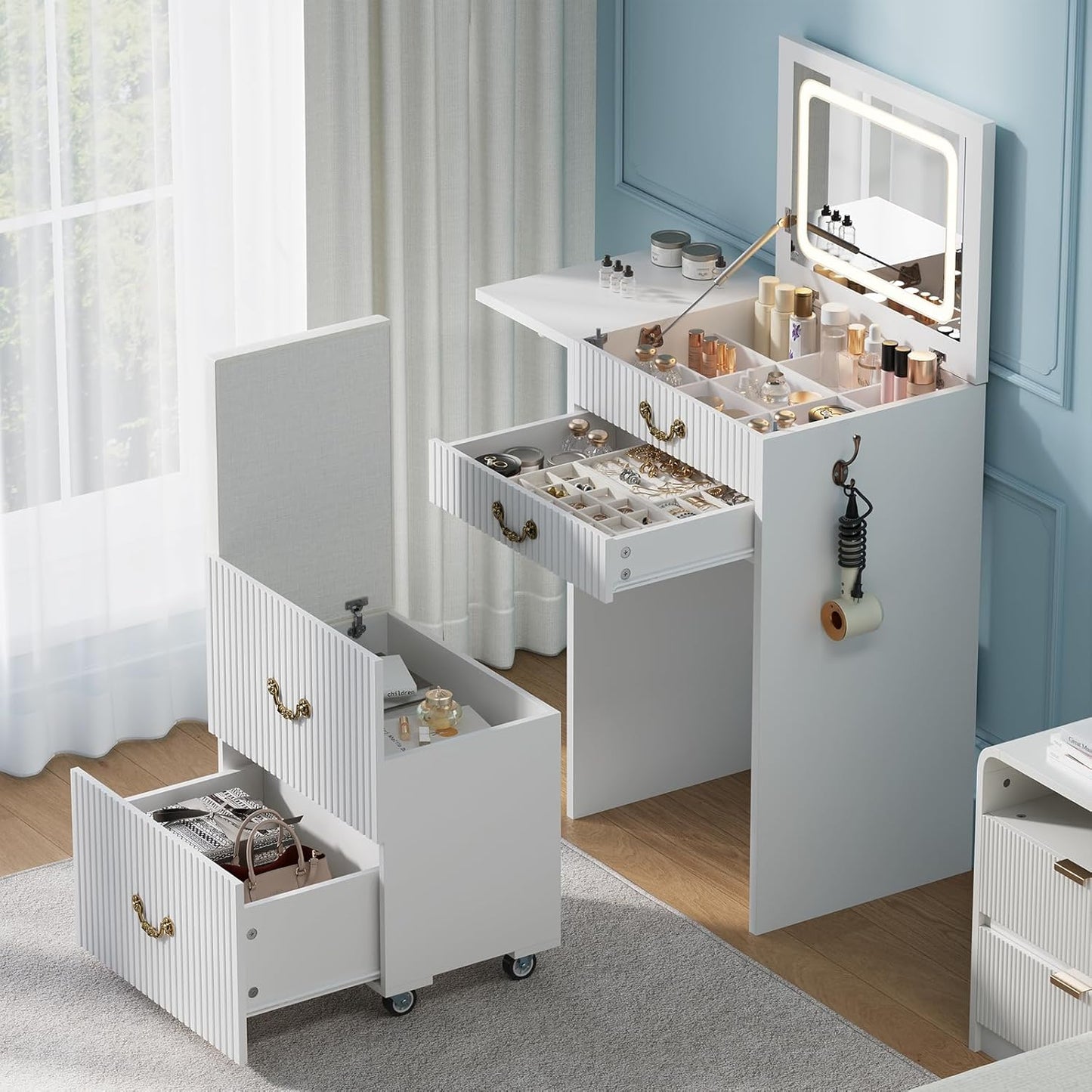 FURSUN 3-in-1 Vanity with Flip Mirror & Lights, Fluted Compact Vanity Table with 3 Drawers, Storage Compartment and Rolling Stool, Modern Small Makeup Vanity for Bedroom, Powder Room, Solid White