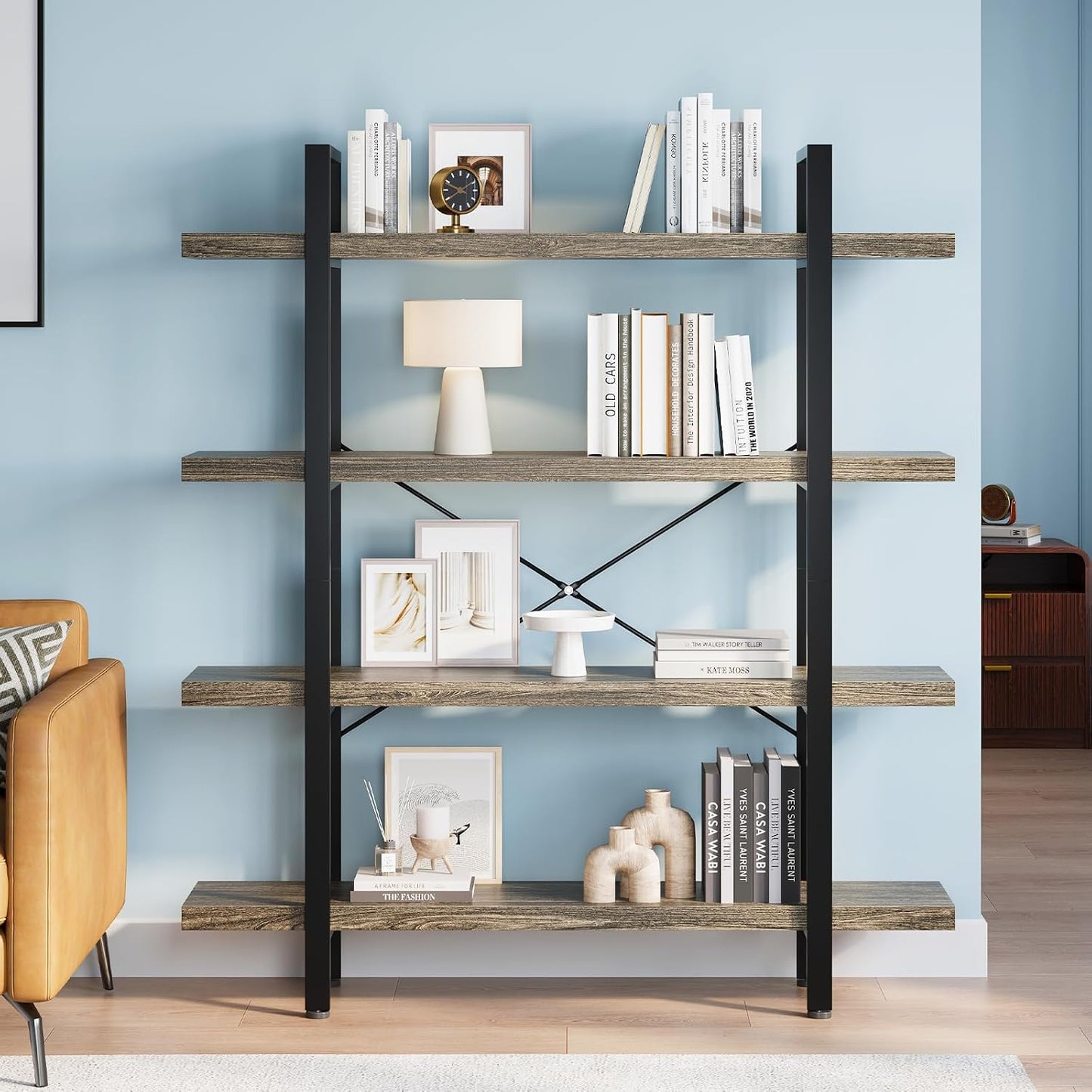 FURSUN Heavy Duty 4 Tier Bookcase, 55-in Tall Industrial Modern Large Bookshelf, Wood Farmhouse Bookcases Book Shelves and Metal Frame for Office, Bedroom, Living Room, Grey