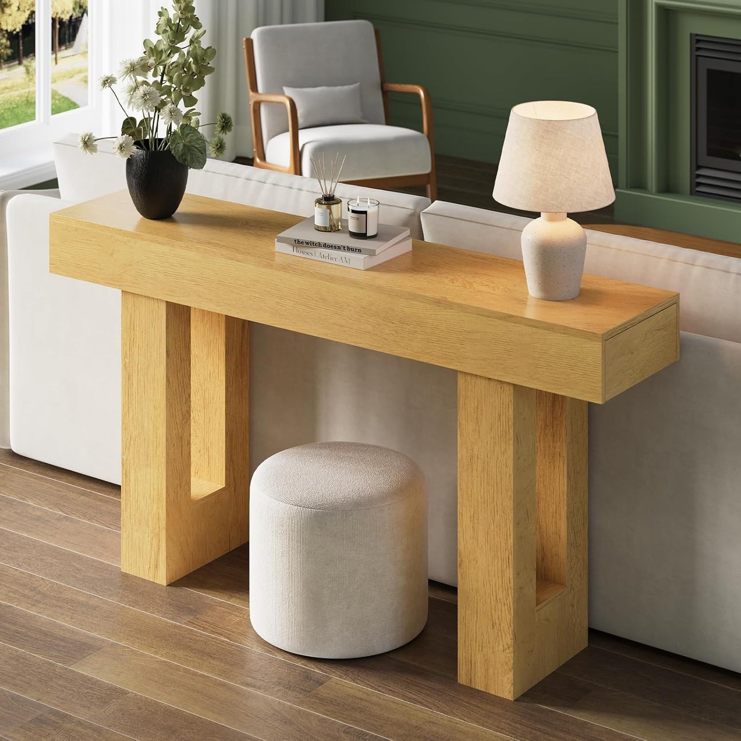 FURSUN 63-Inch Long Console Table with Storage, Wooden Narrow Sofa Table Behind Couch, Farmhouse Foyer Hallway Table for Living Room, Entrance (Natural Oak)