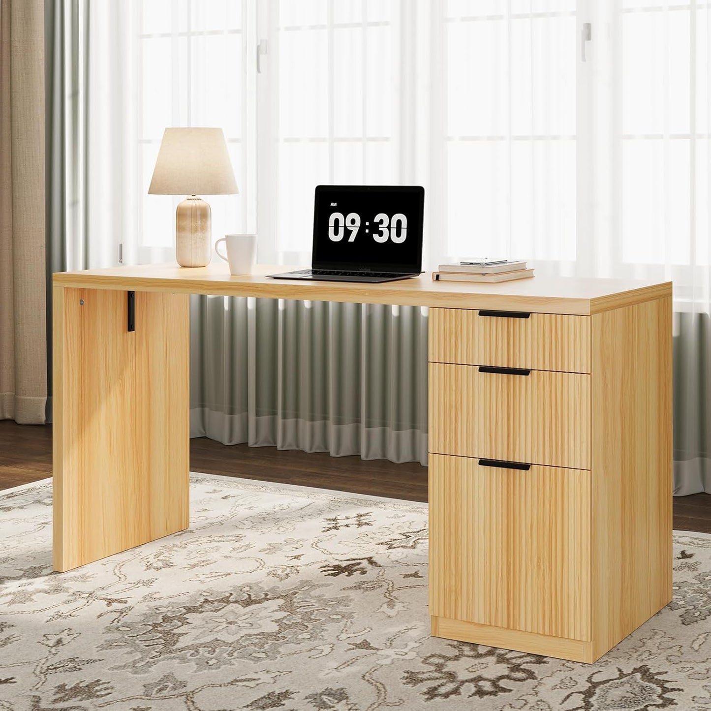 FURSUN 58" Modern Executive Desk with Storage, Home Office Desk with Drawer & Cabinet, Wooden Fluted Desk for Study, Living Room, Bedroom (Natural Oak)