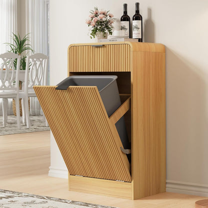FURSUN 10 Gallons Tilt-Out Trash Can Cabinet, Fluted Laundry Hamper Cabinet with Drawers, Freestanding Pet Proof Hidden Garbage Recycling Cabinet for Kitchen, Living Room, Natural Oak