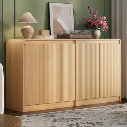 FURSUN 61" Modern Fluted Sideboard Buffet Cabinet with Storage, Curved Design Wood Coffee Bar Cabinet with 4 Doors & Adjustable Shelves for Kitchen, Dining Room, or Living Room, Natural Oak