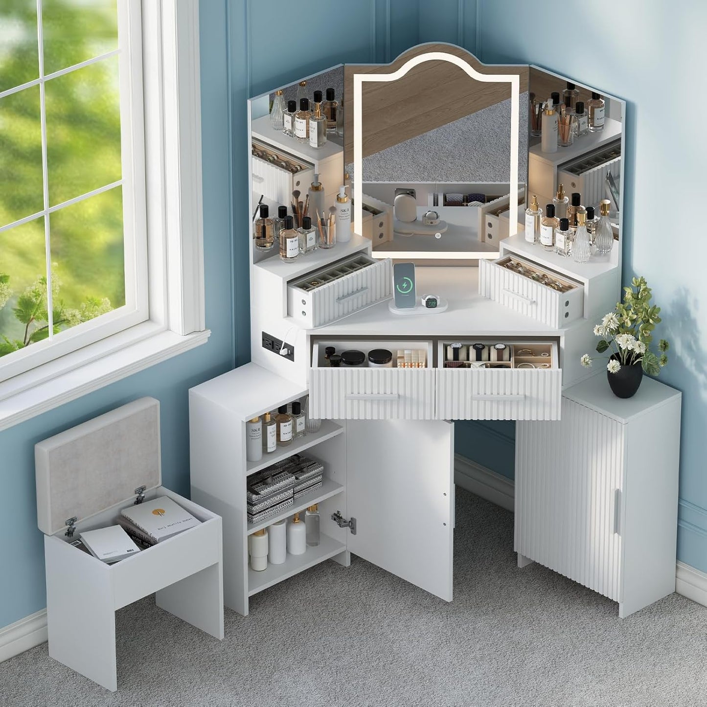 FURSUN Fluted Makeup Vanity Desk with HD 3 Way Mirror and Lights, 51" Large Corner Vanity Table with Charging Station, Dressing Table with 4 Drawers & 2 Storage Cabinets for Bedroom, White