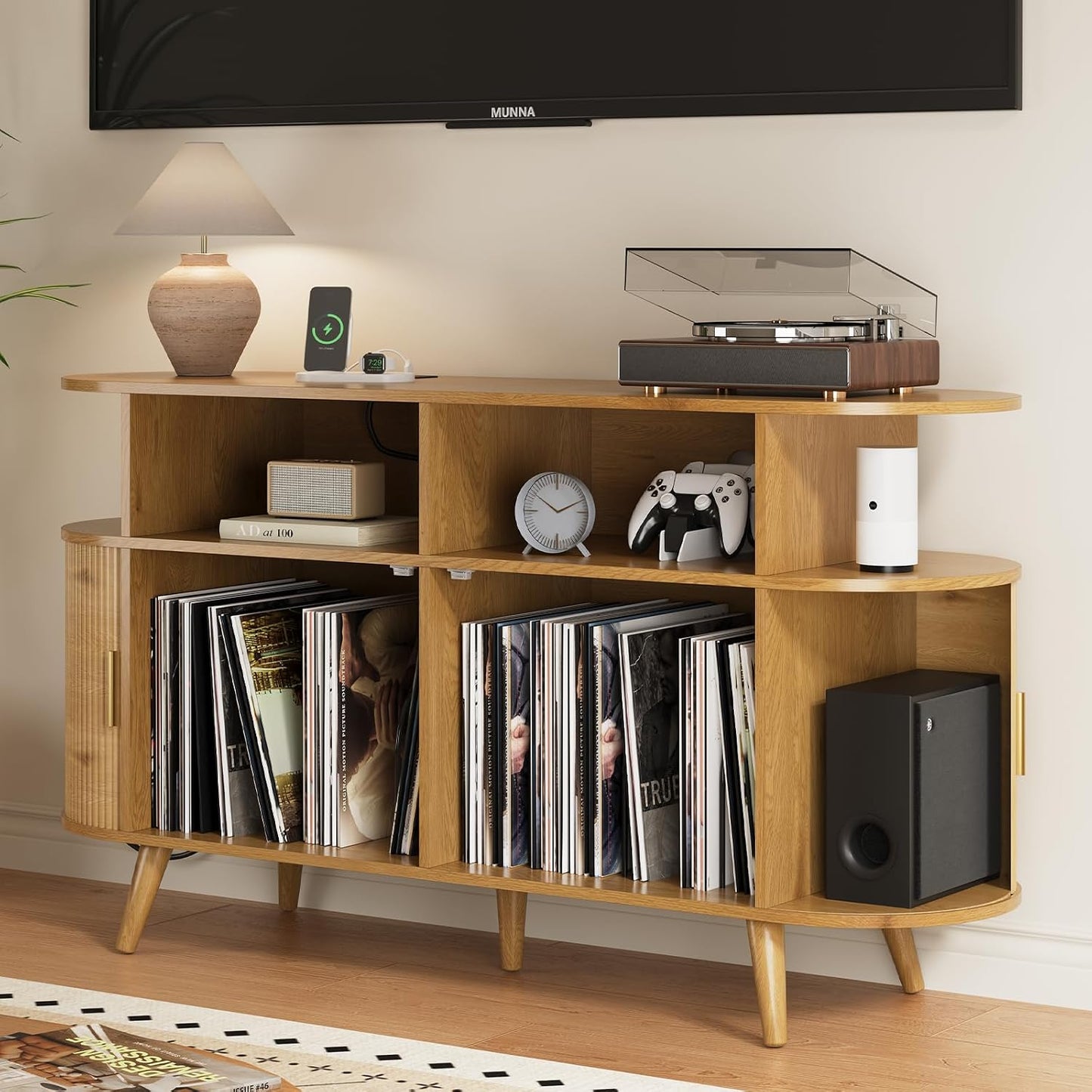 FURSUN 55" Large Round Record Player Stand, Record Storage Cabinet Holds Up 300 Albums with Charging Station & USB Ports, Fluted Modern Turntable Stand for Bedroom, Living Room, Natural Oak