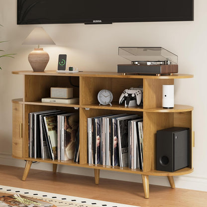 FURSUN 55" Large Round Record Player Stand, Record Storage Cabinet Holds Up 300 Albums with Charging Station & USB Ports, Fluted Modern Turntable Stand for Bedroom, Living Room, Natural Oak