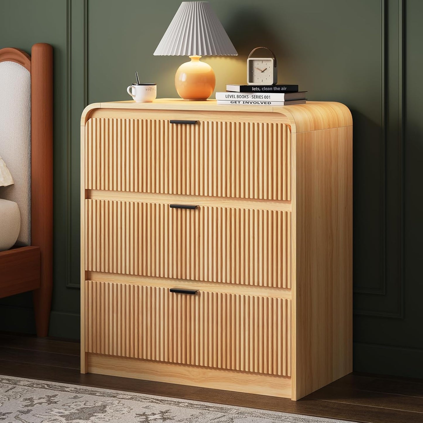 FURSUN 32" Tall Fluted Nightstand, 3 Drawers Wooden End Table w/Storage, Curved Profile Design, Modern Bedside Table for Bedroom, Natural Oak