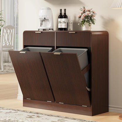 FURSUN 20 Gallons Tilt-Out Trash Can Cabinet, Fluted Laundry Hamper Cabinet with Drawers, Freestanding Pet Proof Hidden Garbage Recycling Cabinet for Kitchen, Living Room, Dark Walnut