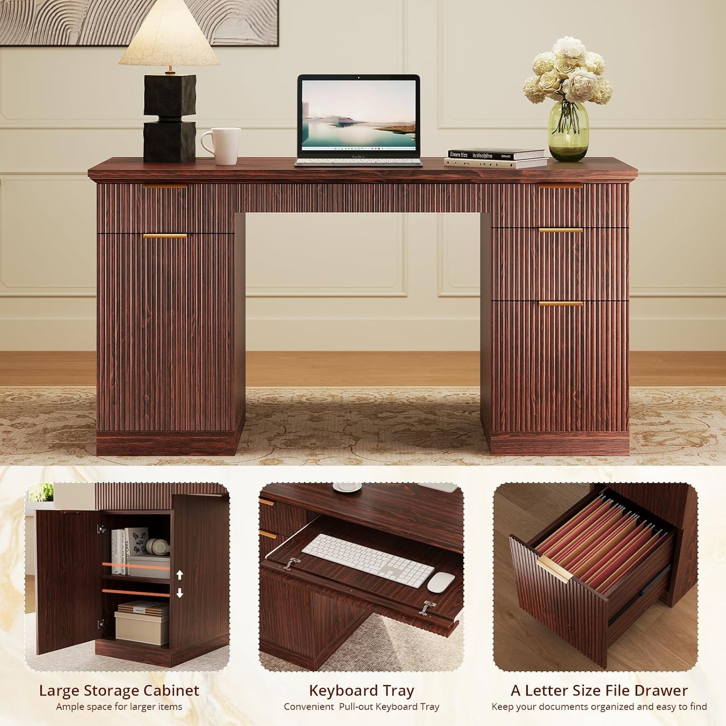 58" Fluted Modern Desk with Storage, Home Office Desk with 1 File Cabinet & 5 Drawers, Wood Executive Computer Writing Desk for Study, Living Room, Bedroom (Dark Walnut)