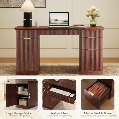 58" Fluted Modern Desk with Storage, Home Office Desk with 1 File Cabinet & 5 Drawers, Wood Executive Computer Writing Desk for Study, Living Room, Bedroom (Dark Walnut)