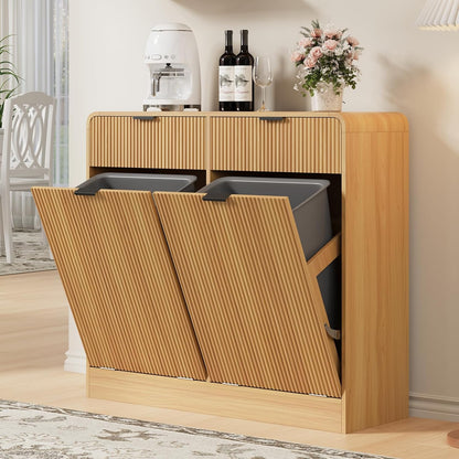 FURSUN 20 Gallons Tilt-Out Trash Can Cabinet, Fluted Laundry Hamper Cabinet with Drawers, Freestanding Pet Proof Hidden Garbage Recycling Cabinet for Kitchen, Living Room, Natural Oak