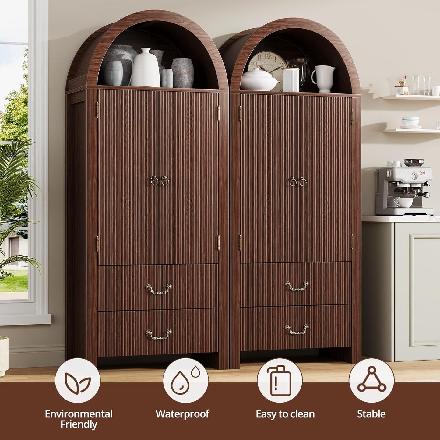 71" Tall Fluted Arched Cabinet with Doors, Wood Pantry Storage Cabinet with 2 Large Drawers, Modern Versatile Bookcase for Living Room, Kitchen, Dining (Dark Walnut)