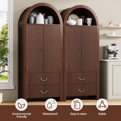 71" Tall Fluted Arched Cabinet with Doors, Wood Pantry Storage Cabinet with 2 Large Drawers, Modern Versatile Bookcase for Living Room, Kitchen, Dining (Dark Walnut)