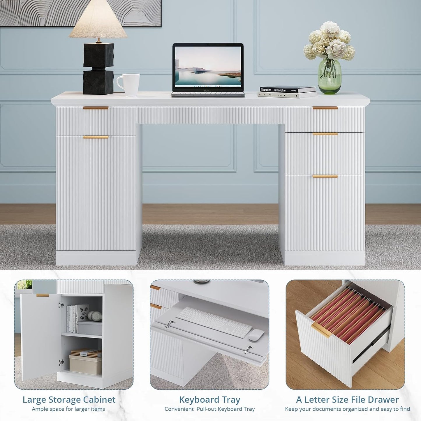 58" Fluted Modern Desk with Storage, Home Office Desk with 1 File Cabinet & 5 Drawers, Wood Executive Computer Writing Desk for Study, Living Room, Bedroom (White)