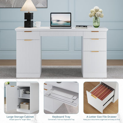 58" Fluted Modern Desk with Storage, Home Office Desk with 1 File Cabinet & 5 Drawers, Wood Executive Computer Writing Desk for Study, Living Room, Bedroom (White)