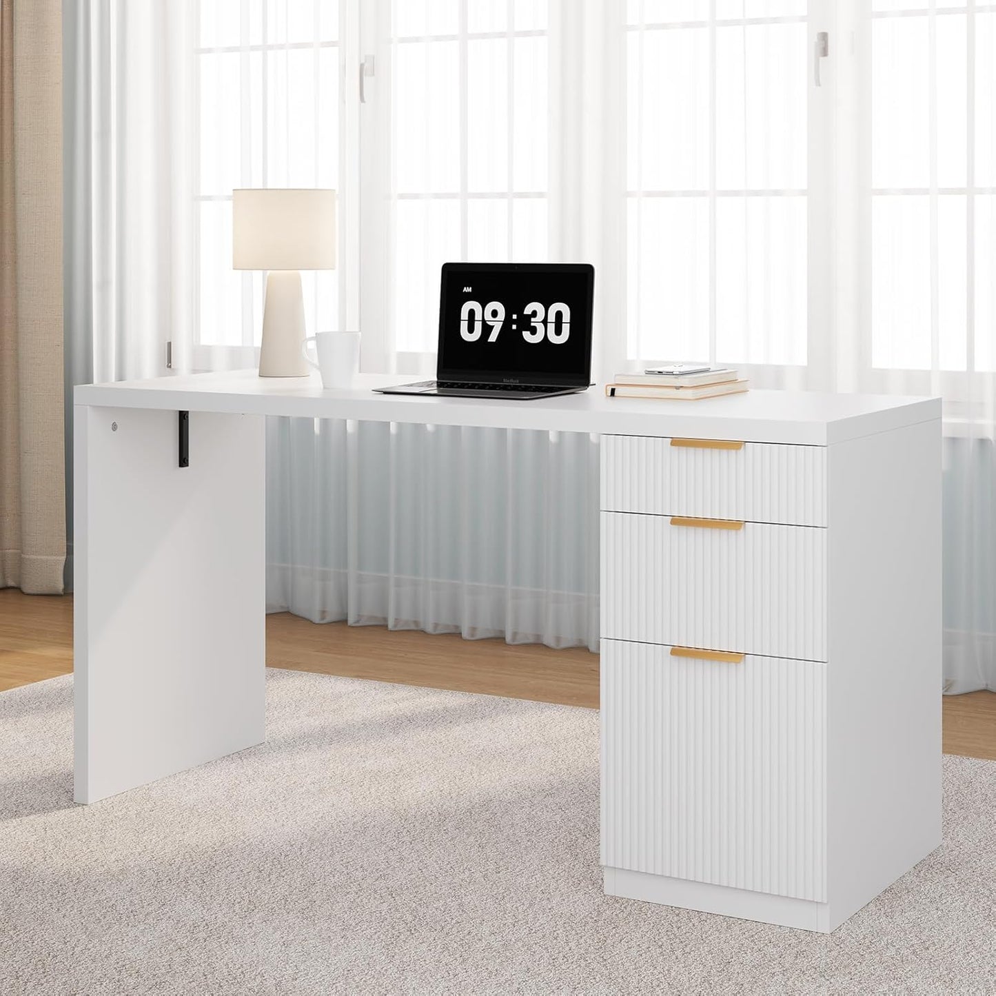 FURSUN 58" Modern Executive Desk with Storage, Home Office Desk with Drawer & Cabinet, Wooden Fluted Desk for Study, Living Room, Bedroom (White)