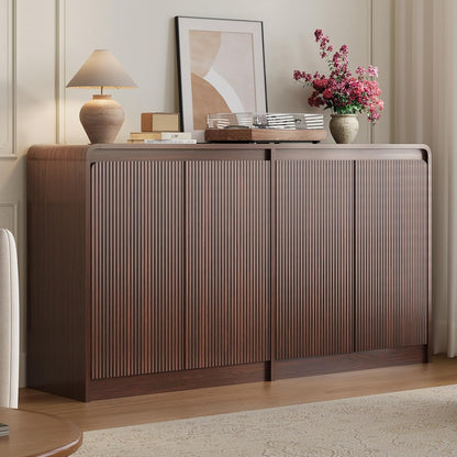 FURSUN 61" Modern Fluted Sideboard Buffet Cabinet with Storage, Curved Design Wood Coffee Bar Cabinet with 4 Doors & Adjustable Shelves for Kitchen, Dining Room, or Living Room, Dark Walnut