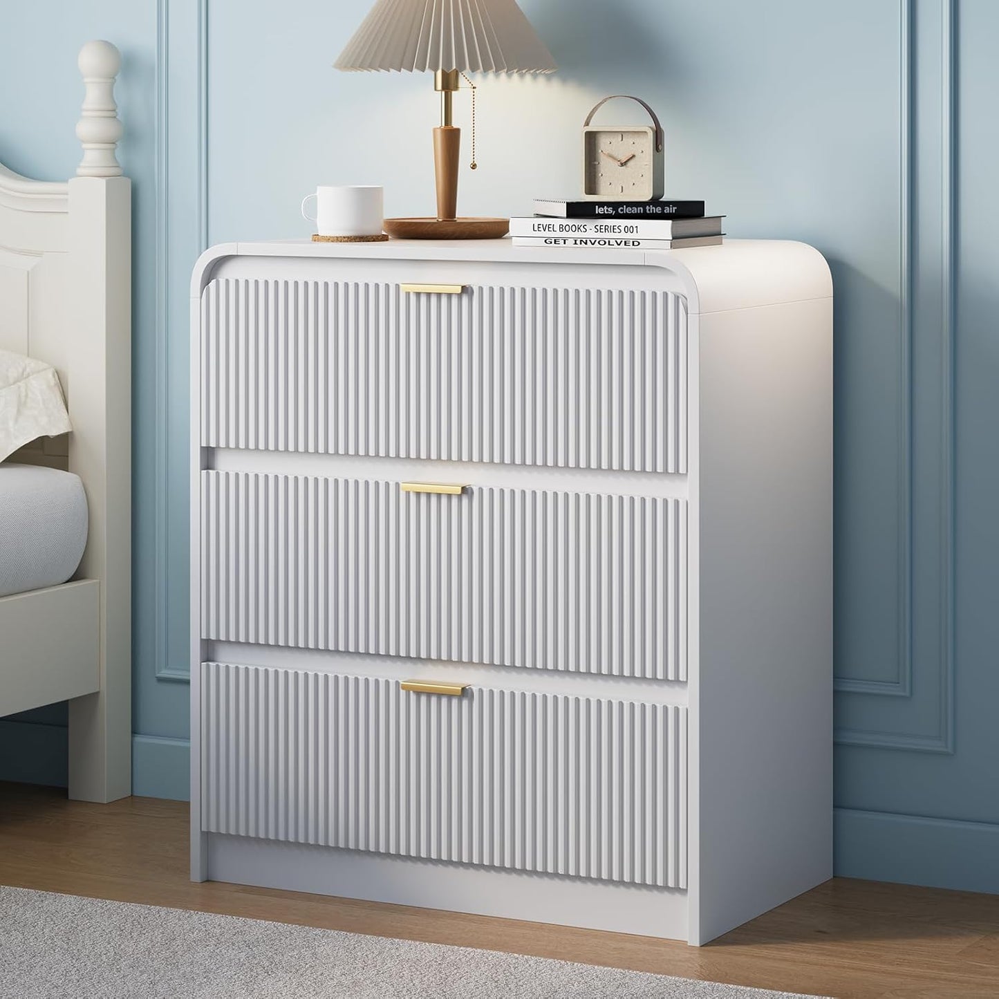 FURSUN 32" Tall Fluted Nightstand, 3 Drawers Wooden End Table w/Storage, Curved Profile Design, Modern Bedside Table for Bedroom, Solid White