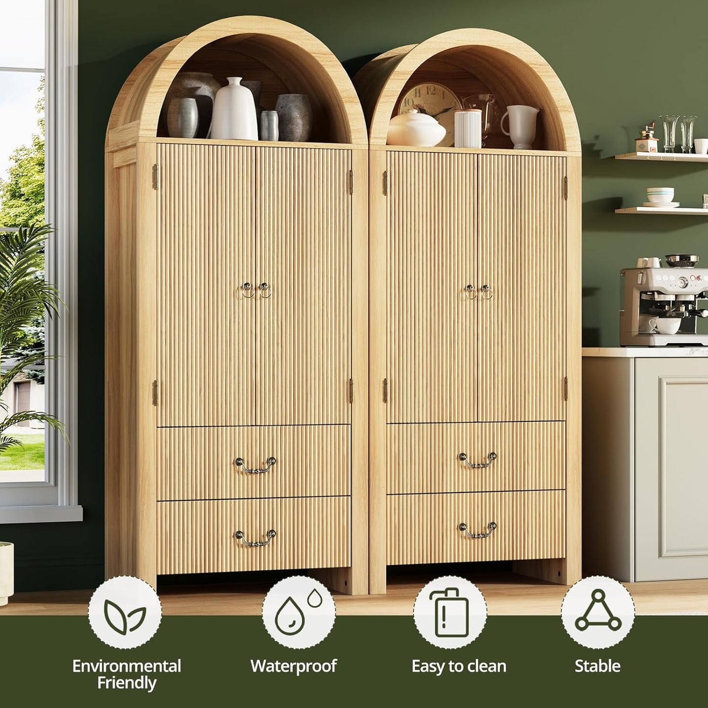 71" Tall Fluted Arched Cabinet with Doors, Wood Pantry Storage Cabinet with 2 Large Drawers, Modern Versatile Bookcase for Living Room, Kitchen, Dining (Natural Oak)