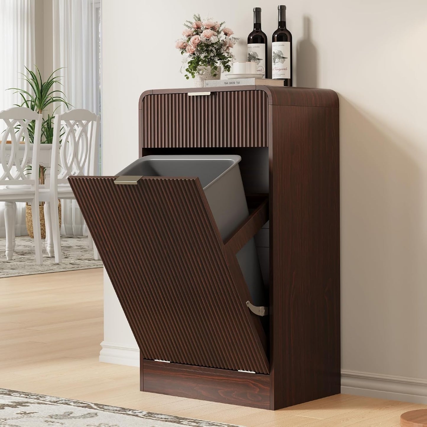 FURSUN 10 Gallons Tilt-Out Trash Can Cabinet, Fluted Laundry Hamper Cabinet with Drawers, Freestanding Pet Proof Hidden Garbage Recycling Cabinet for Kitchen, Living Room, Dark Walnut