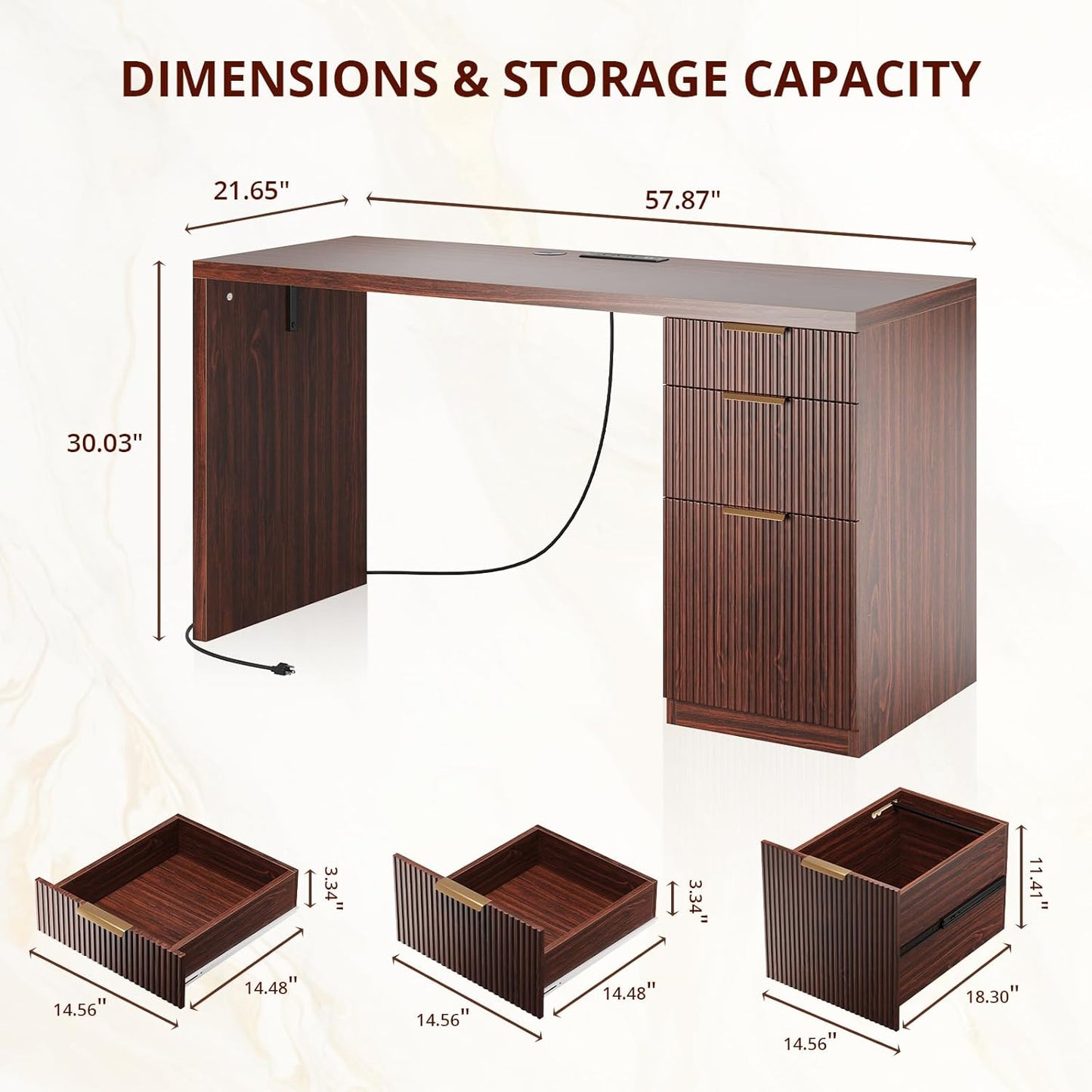 FURSUN 58" Modern Executive Desk with Storage, Home Office Desk with Drawer & Cabinet, Wooden Fluted Desk for Study, Living Room, Bedroom (Dark Walnut)